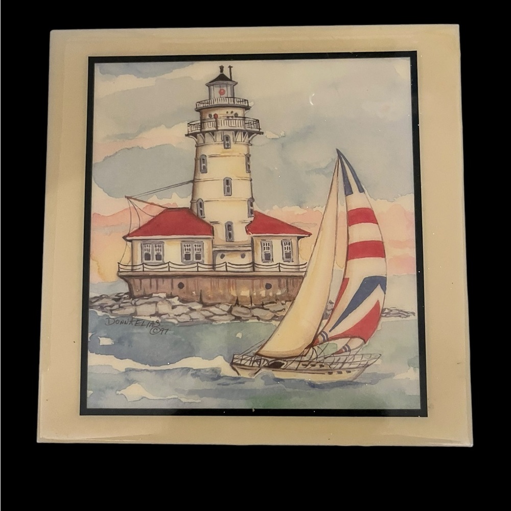 Vintage Donna Elias 1997 Lighthouse British Sailboat 8" x 8" Ceramic Tile Art